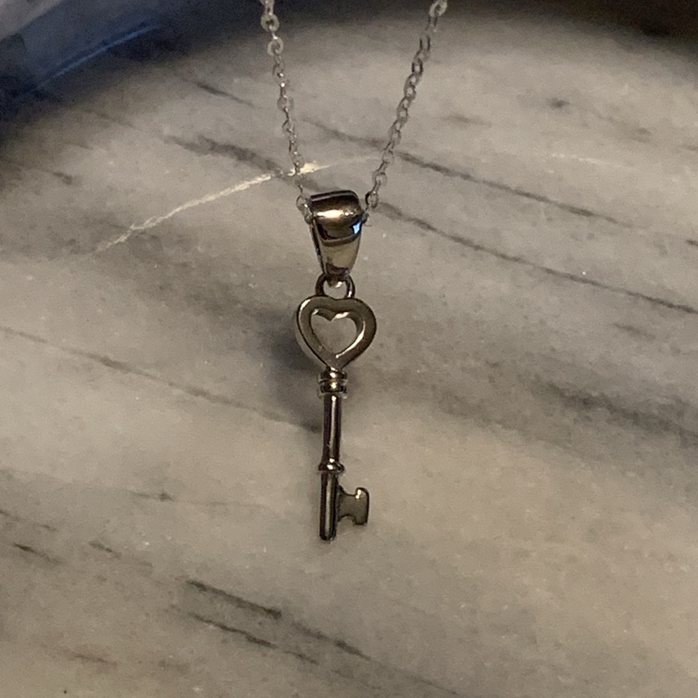 Sterling Silver Heart Key Pendant Necklace - Silver